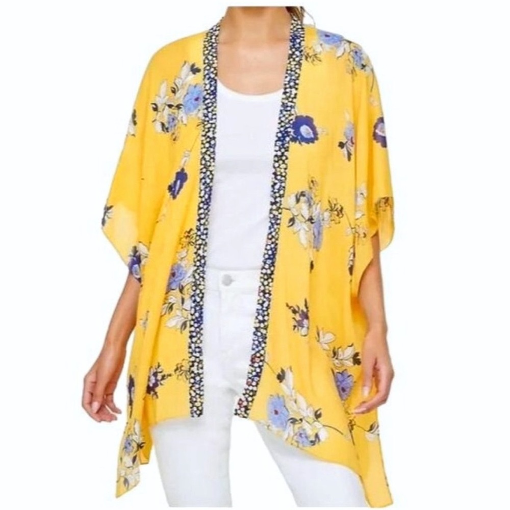 LOFT Floral Kimono with Navy and White Accents